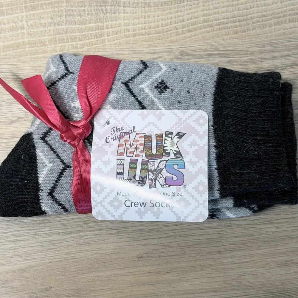 MUK LUKS Womens Crew Socks Gray Black Reindeer Fair Isle Christmas Holiday NWT